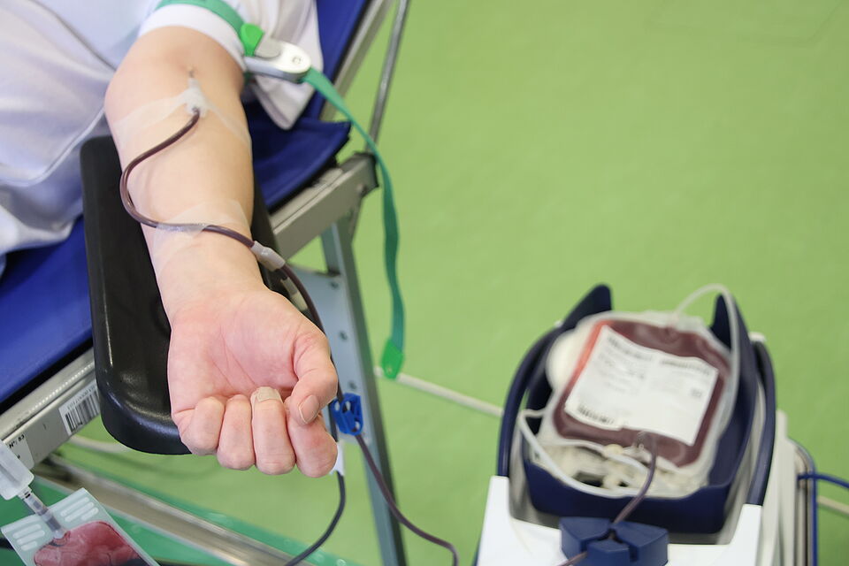 Blutspende Ein Arm während der Blutspende, mit angeschlossenem Schlauch, durch den das gespendete Blut in den Beutel fließt.